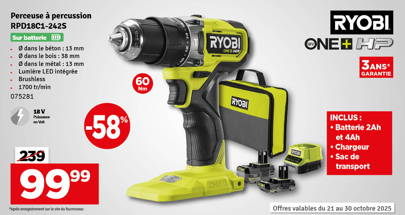 Perceuse visseuse à percussion sur batterie One+ HP RPD18C1-242S 4 Ah et 2 Ah 18 V RYOBI